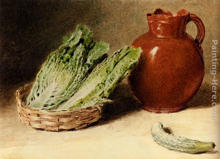 Still Life With A Jug, A Cabbage In A Basket And A Gherkin painting - William Henry Hunt Still Life With A Jug, A Cabbage In A Basket And A Gherkin art painting